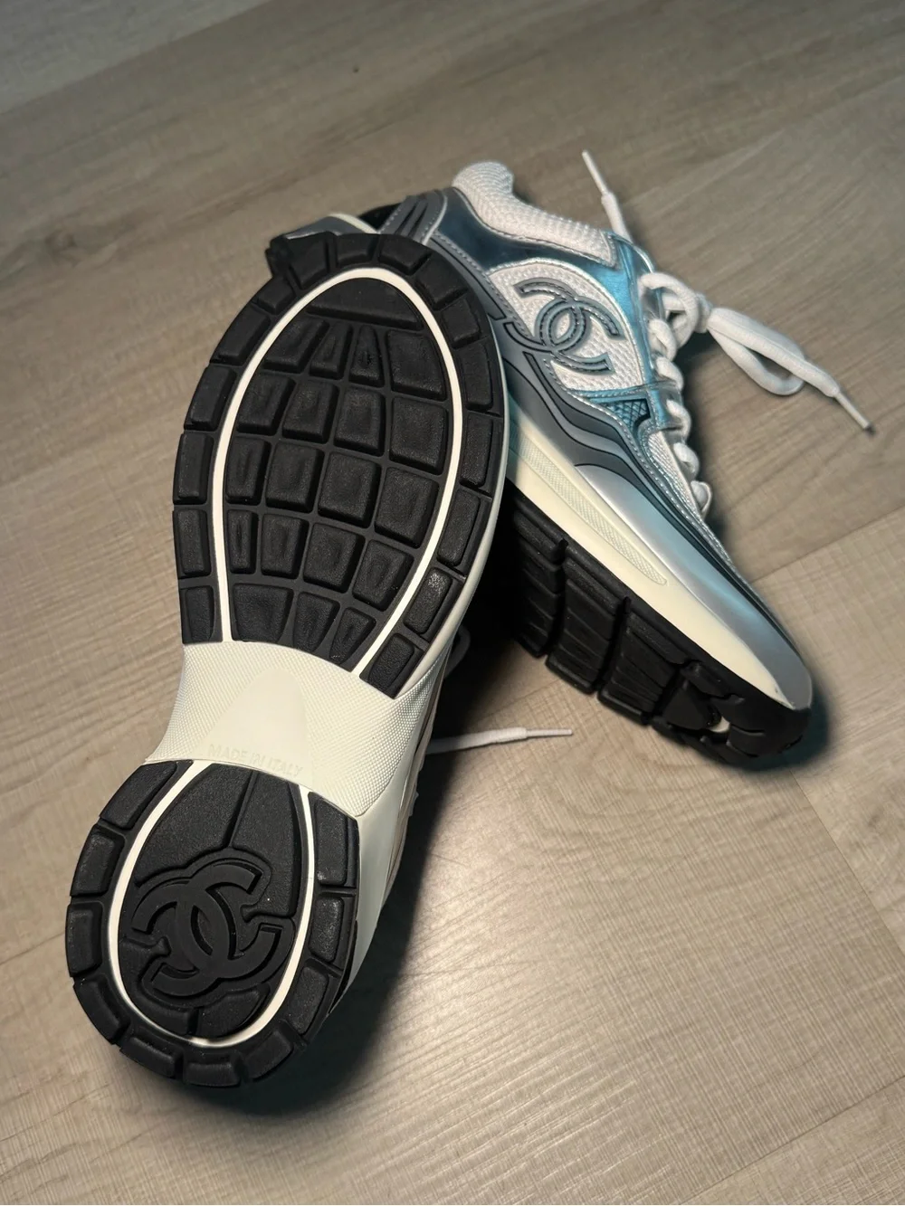 CHANEL Metallic Blue and White CC Logo Racing Sneakers